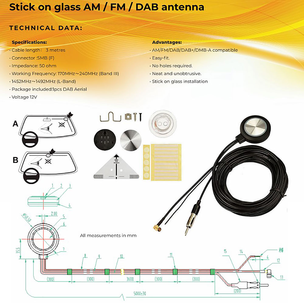Combined DAB AM/FM car aerial easy to install on screen adhesive disc